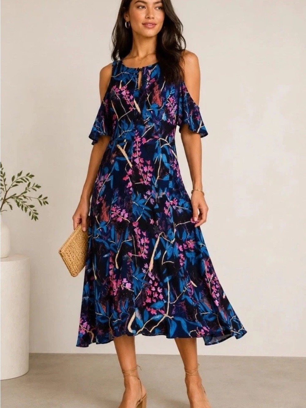 Maeve Navy Floral Cold-Shoulder Midi Dress
